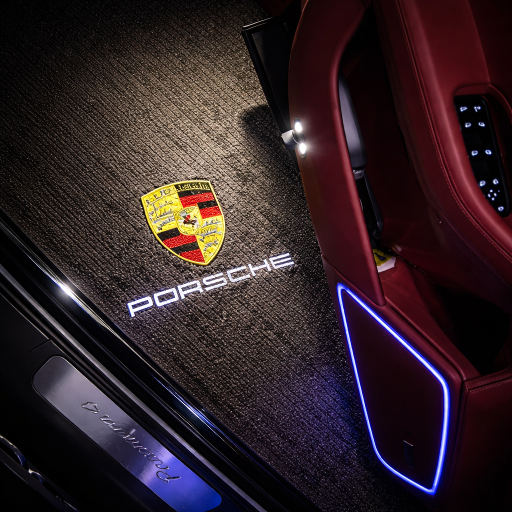 PROJECTEUR LOGO DE PORTE MOTIF PORSCHE , COMPATIBLE PORSCHE MACAN S.