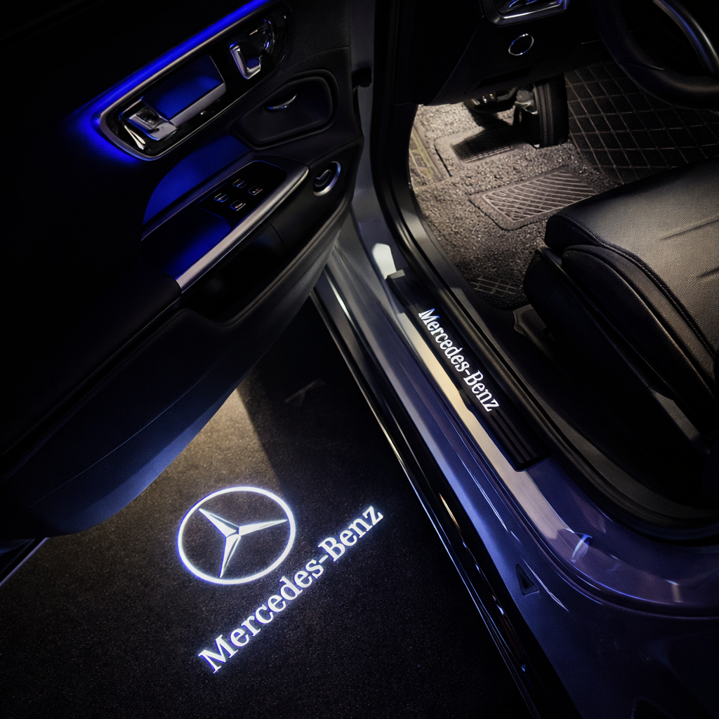 PROJECTEUR DE PORTES MERCEDES – 2 PIÈCES, SUR MESURE . COMPATIBLE AVEC TOUS LES MODÈLES MERCEDES.