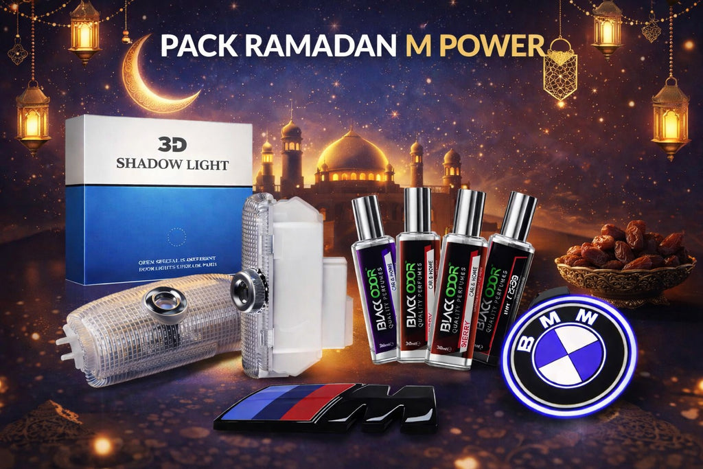 PACK RAMADAN BMW M POWER , LOGO M COFFRE + LOGO M DES AILES 2 PIECES + PROJECTEUR DE PORTE LOGO BMW + PARFUM GRATUIT